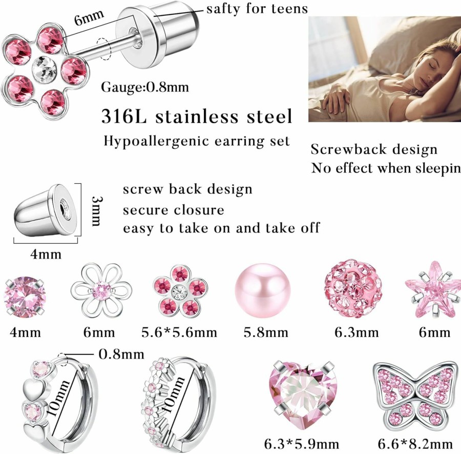 SAILIMUE Sailimue 10 Pairs Hypoallergenic Screw Back Earrings For Women Girls 316L Stainless Steel Heart Cz Flower Butterfly Screwback Stud Earring Cute Hoop Earring Set | Earrings