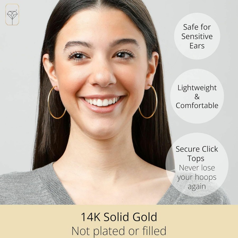 MAX + STONE Solid 14K Gold Hoop Earrings For Women | 2Mm Tube Yellow Gold Hoop Earrings 14K Real Gold | Flex Continuous Hoop Gold Earrings By Max + Stone | Earrings