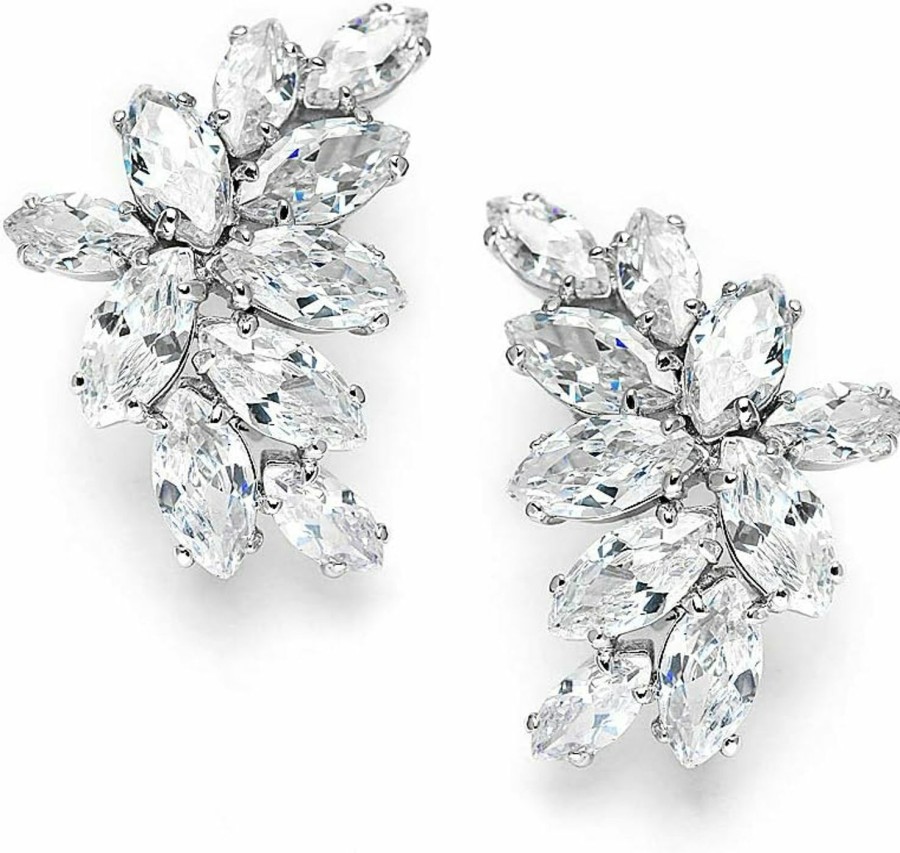 Mariell Mariell Clip-On Cubic Zirconia Crystal Bridal Earrings, Marquis Shape Cz Curved Clusters, Non-Pierced Earrings For Wedding, Bridesmaids, Homecoming, Mother Of The Bride | Earrings