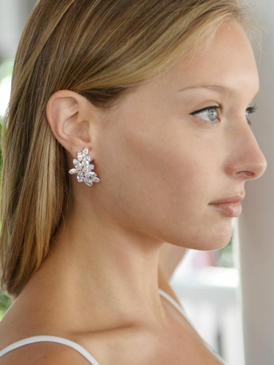 Mariell Mariell Clip-On Cubic Zirconia Crystal Bridal Earrings, Marquis Shape Cz Curved Clusters, Non-Pierced Earrings For Wedding, Bridesmaids, Homecoming, Mother Of The Bride | Earrings