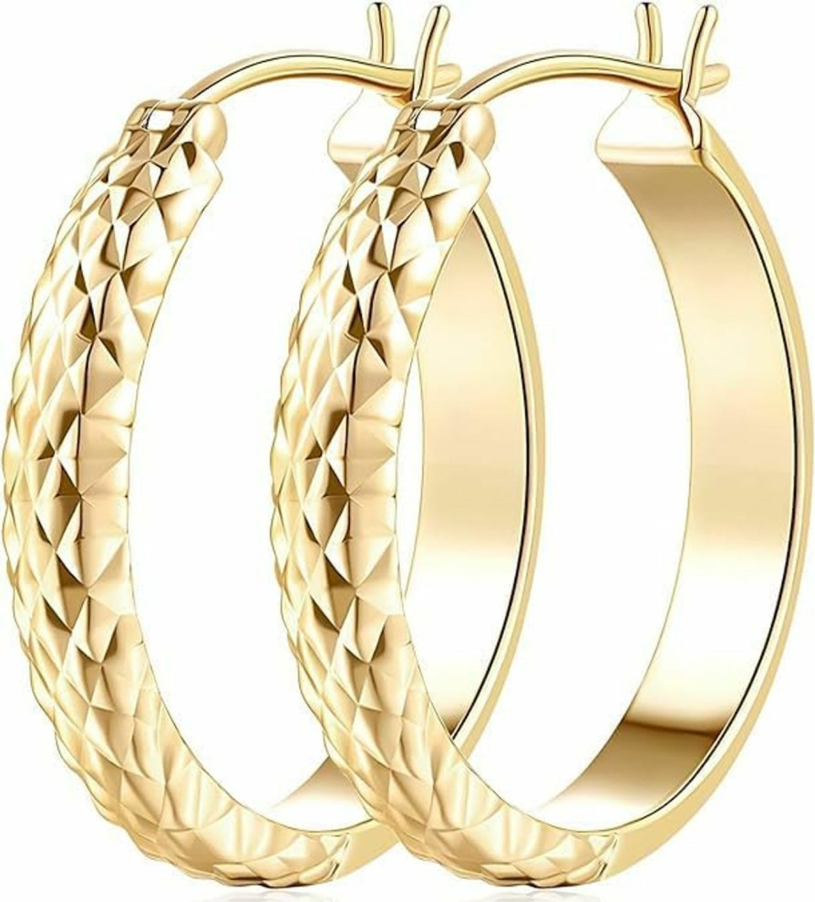 AIGAMIT Aigamit 14K Gold Hoop Earrings For Women Trendy Chunky Gold Earrings 14 Karat Gold Hoops Earrings For Women Unique Pattern Womens Earrings,25Mm*4.4Mm | Earrings