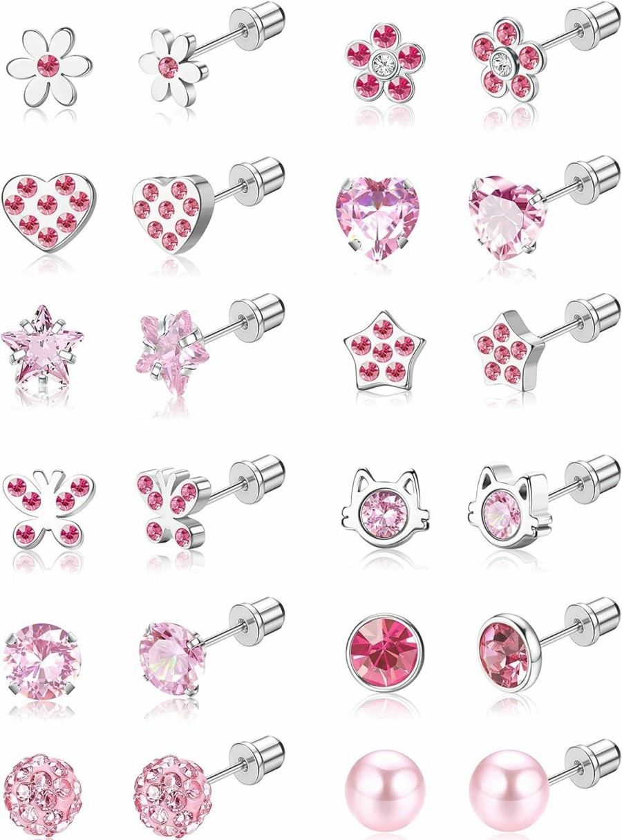 Besteel Besteel Hypoallergenic Screw Back Stud Earrings For Girls Women Cz Ball Stainless Steel Stud Earrings Set Cute Heart Pearl Flower Star Surgical Steel Screwback Earrings Multicolored 12 Pairs | Earrings