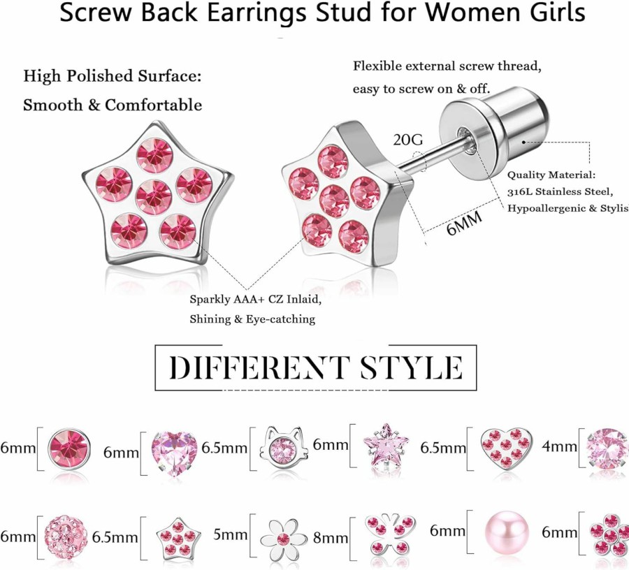 Besteel Besteel Hypoallergenic Screw Back Stud Earrings For Girls Women Cz Ball Stainless Steel Stud Earrings Set Cute Heart Pearl Flower Star Surgical Steel Screwback Earrings Multicolored 12 Pairs | Earrings