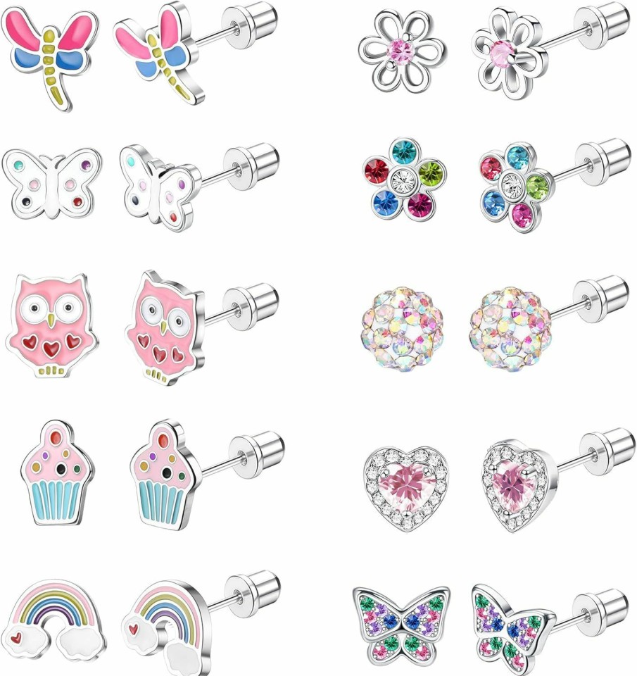 FASACCO Fasacco 10Pairs Hypoallergenic Screw Back Earrings For Women Stainless Steel Cz Heart Butterfly Ball Stud Earrings Multicolored Cat Rainbow Screwback Stud Earrings Set | Earrings