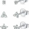 KOORASY Sterling Silver Stud Earrings For Women, Tiny Flower Earrings Set | Small Cubic Zirconia Helix Earrings Dainty Tragus Cartilage Studs Cherry Blossom Ear Piercing Jewelry Gifts For Girls Teens | Earrings