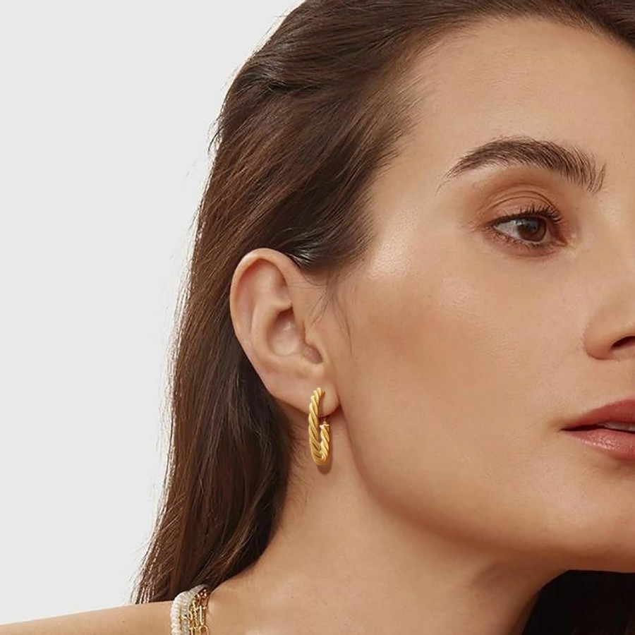 JADE KOS Jade Kos 14K Gold Hoop Earrings For Women 14K Gold Earrings Hoops Earrings Twisted Circular Gold Earrings Thick Chunky Gold Hoop Earrings For Women Gold Jewelry For Women (30Mm*4Mm) | Earrings