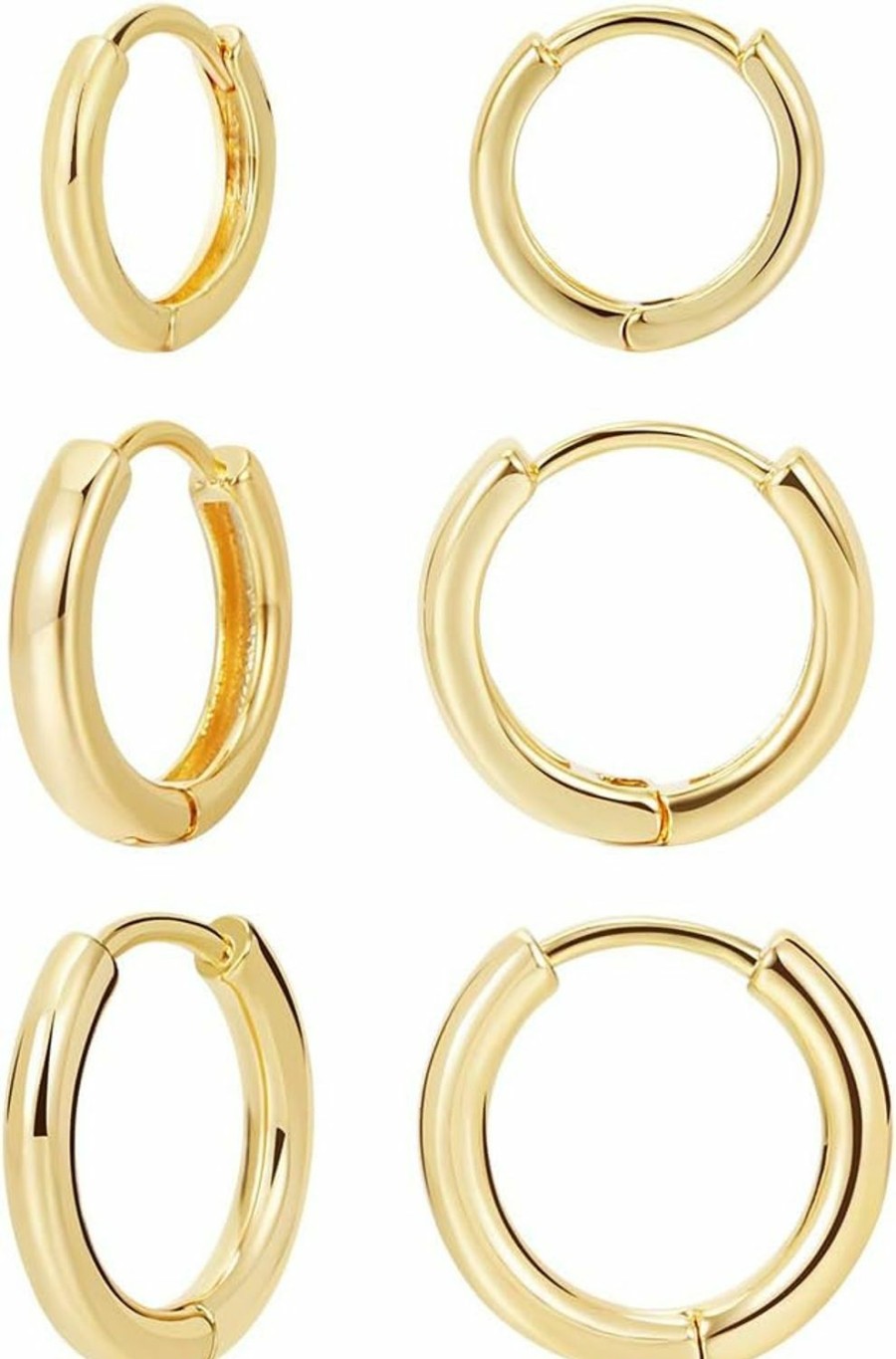 FAMARINE 3 Pairs 14K Gold Plated Huggie Hoop Earrings For Women, Minimalist Gold Huggie Hoop Earrings, Simple 3 Sizes Hoop Earrings For Women Men Gift,Gold Silver Rose Gold And Black | Earrings