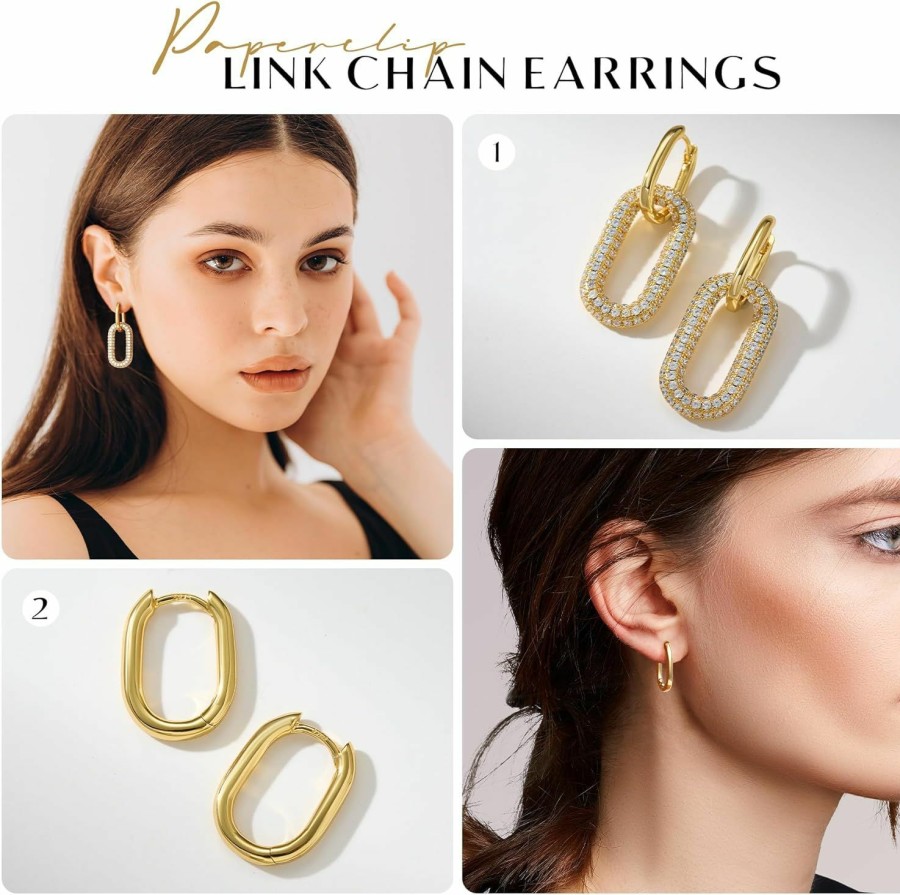 SWEETV Sweetv 14K Gold Convertible Paperclip Earrings For Women, Cubic Zirconia Dainty Link Huggie Hoop Earrings, Frame Drop Dangle Earrings | Earrings