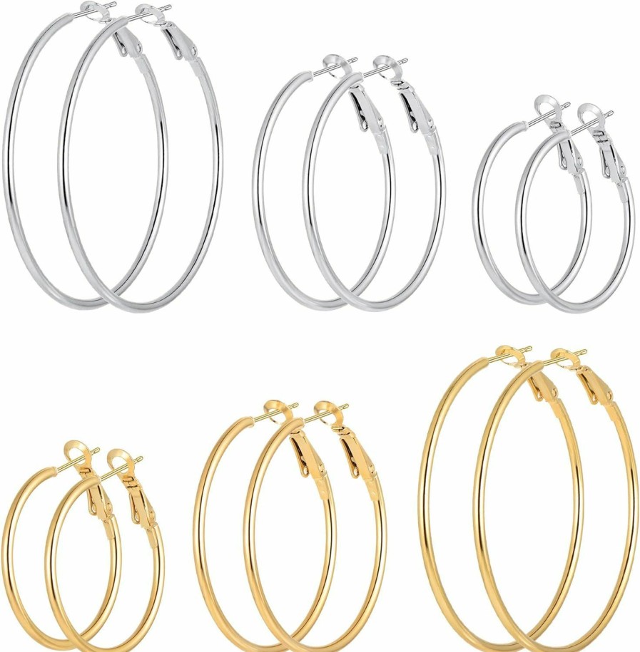 Cuicanstar 6 Pairs Stainless Steel Gold Silver Plated Hoop Earrings For Women Girls, Hypoallergenic Hoops Women'S Earrings Loop Earrings Set | Earrings