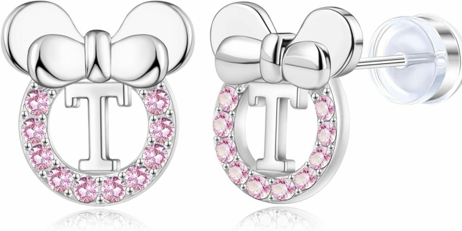 Staligue Staligue Initial Stud Earrings For Girls 925 Sterling Silver Pink Cubic Zirconia Alphabet Letter Earrings 14K Gold Plated Hypoallergenic Alphabet Initial Earrings | Earrings