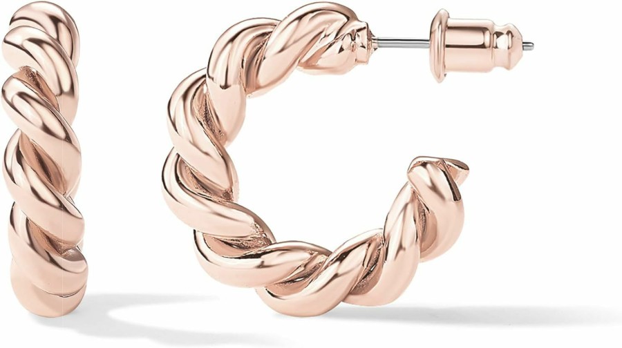 PAVOI Pavoi 14K Gold Plated Twisted Rope Round Hoop Earrings In Rose Gold, White Gold And Yellow Gold | Earrings