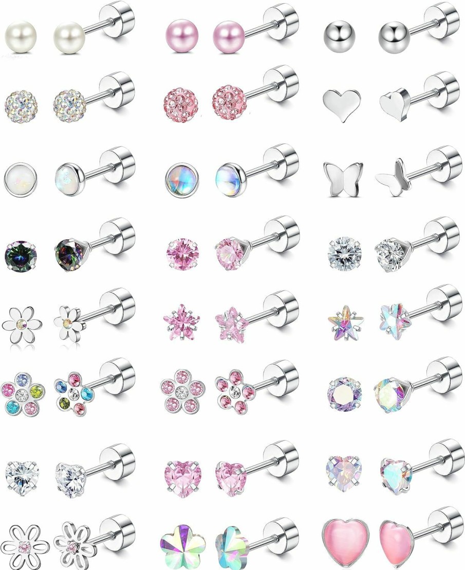 YADOCA Yadoca 24 Pairs Screw Back Earrings For Girls Women Cute Cz Heart Flower Pearl Ball 4Mm Tiny Flat Back Screwback Stud Earring Set | Earrings