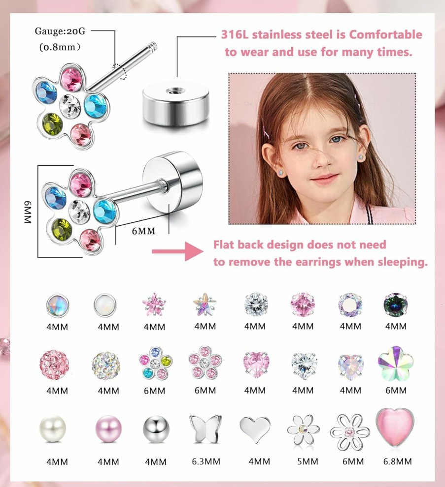 YADOCA Yadoca 24 Pairs Screw Back Earrings For Girls Women Cute Cz Heart Flower Pearl Ball 4Mm Tiny Flat Back Screwback Stud Earring Set | Earrings