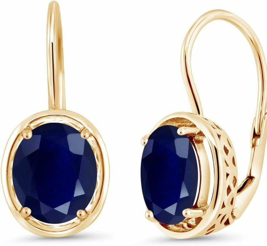 Gem Stone King Gem Stone King 18K Yellow Gold Plated Silver Blue Sapphire Earrings | Oval 9X7Mm Dangle Earrings For Women | 5.00 Cttw | Gold Earrings For Women | Earrings