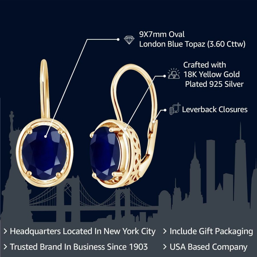 Gem Stone King Gem Stone King 18K Yellow Gold Plated Silver Blue Sapphire Earrings | Oval 9X7Mm Dangle Earrings For Women | 5.00 Cttw | Gold Earrings For Women | Earrings