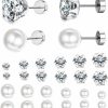 Jstyle Jstyle 12Pairs Stainless Steel Round Clear Cubic Zirconia Pearl Stud Earring For Women Cz Earrings 3-8Mm | Earrings