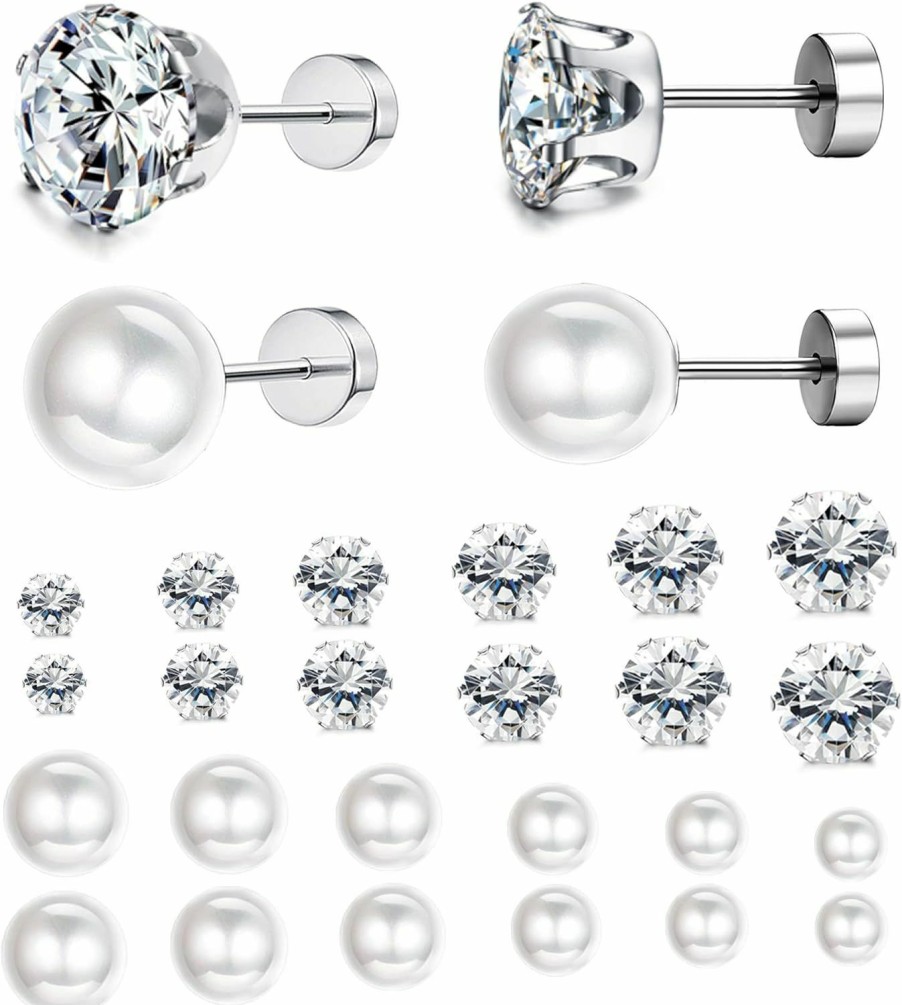 Jstyle Jstyle 12Pairs Stainless Steel Round Clear Cubic Zirconia Pearl Stud Earring For Women Cz Earrings 3-8Mm | Earrings