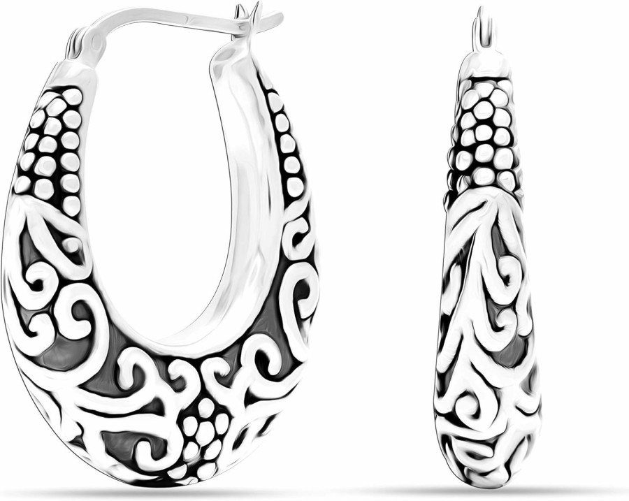 LeCalla Lecalla 925 Sterling Silver Bali-Style Hoop Earrings Lightweight Click-Top Antique Two-Tone Beaded Italian Bali Style Earring Hoops For Women | Earrings