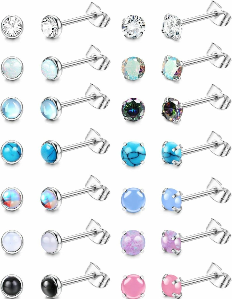 SAILIMUE Sailimue 14 Pairs Hypoallergenic Surgical Steel Stud Earrings For Women Men Tiny Cz Opal Moonstone Turquoise Earrings Studs Set Piercing Jewelry | Earrings