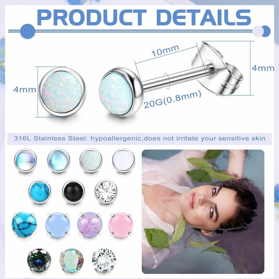 SAILIMUE Sailimue 14 Pairs Hypoallergenic Surgical Steel Stud Earrings For Women Men Tiny Cz Opal Moonstone Turquoise Earrings Studs Set Piercing Jewelry | Earrings