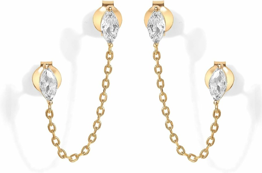 PAVOI Pavoi 14K Gold Plated Delicate Cz Chain Earrings For Women | Double Piercing Dangle Chain Studs Earrings | Cubic Zirconia Earscapes Earrings | Earrings