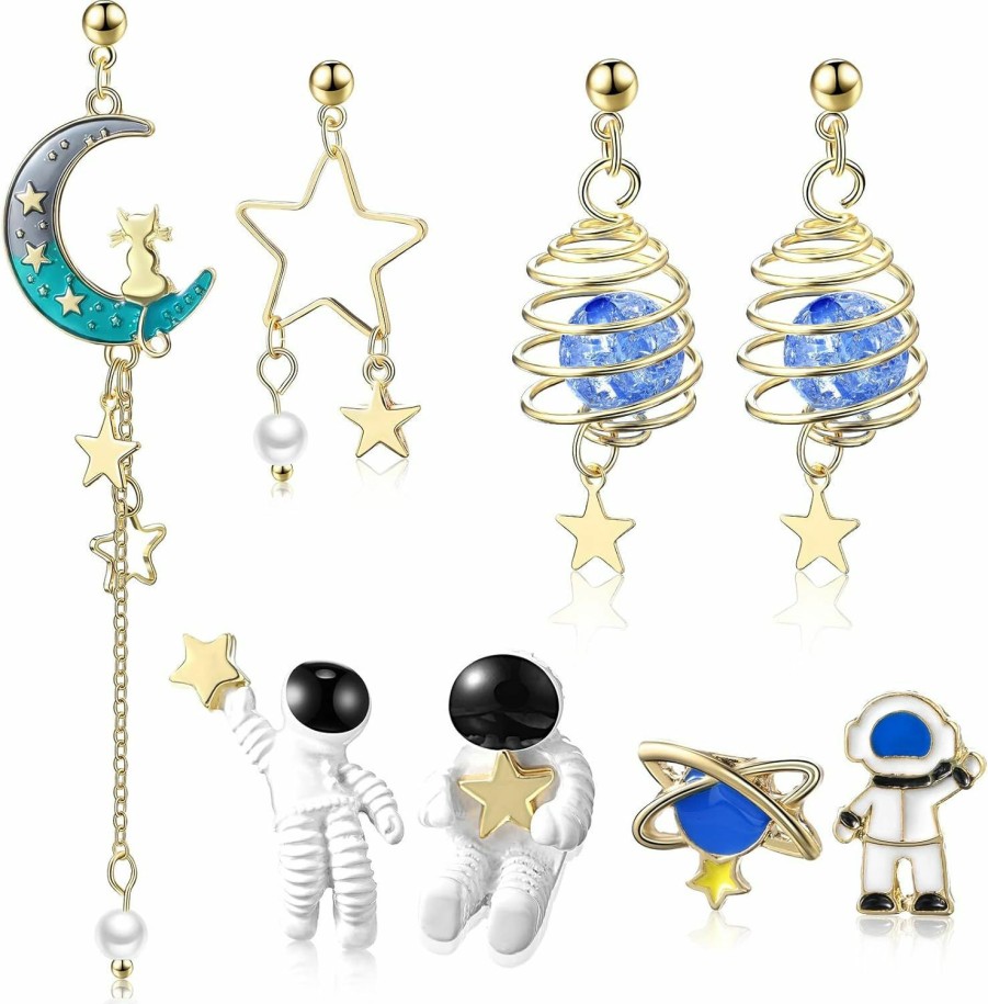 Hicarer 4 Pairs Astronaut Stud Earrings Asymmetric Spaceman Star Moon Earrings Planet Star Stud Dangle Earrings For Women | Earrings