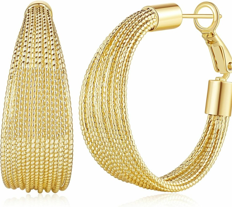 SHERRIE DOBBIE Sherrie Dobbie Hoop Earrings 14K Gold Hoops Earrings For Women Tri-Texture Gold Earrings Hoops - Luxurious, Chunky & Thick Gold Hoops 31Mm | Earrings