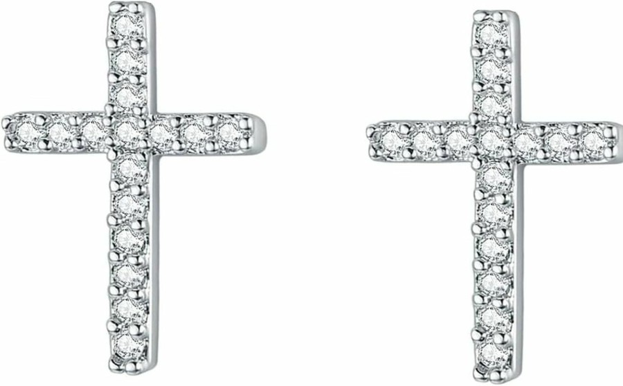 QLKILYR Silver Stud Earrings, 18K Gold Plated Cubic Zirconia Small Cross Stud Earrings, Hypoallergenic Cz Cute Dainty Earrings For Men Women Girls Teens | Earrings