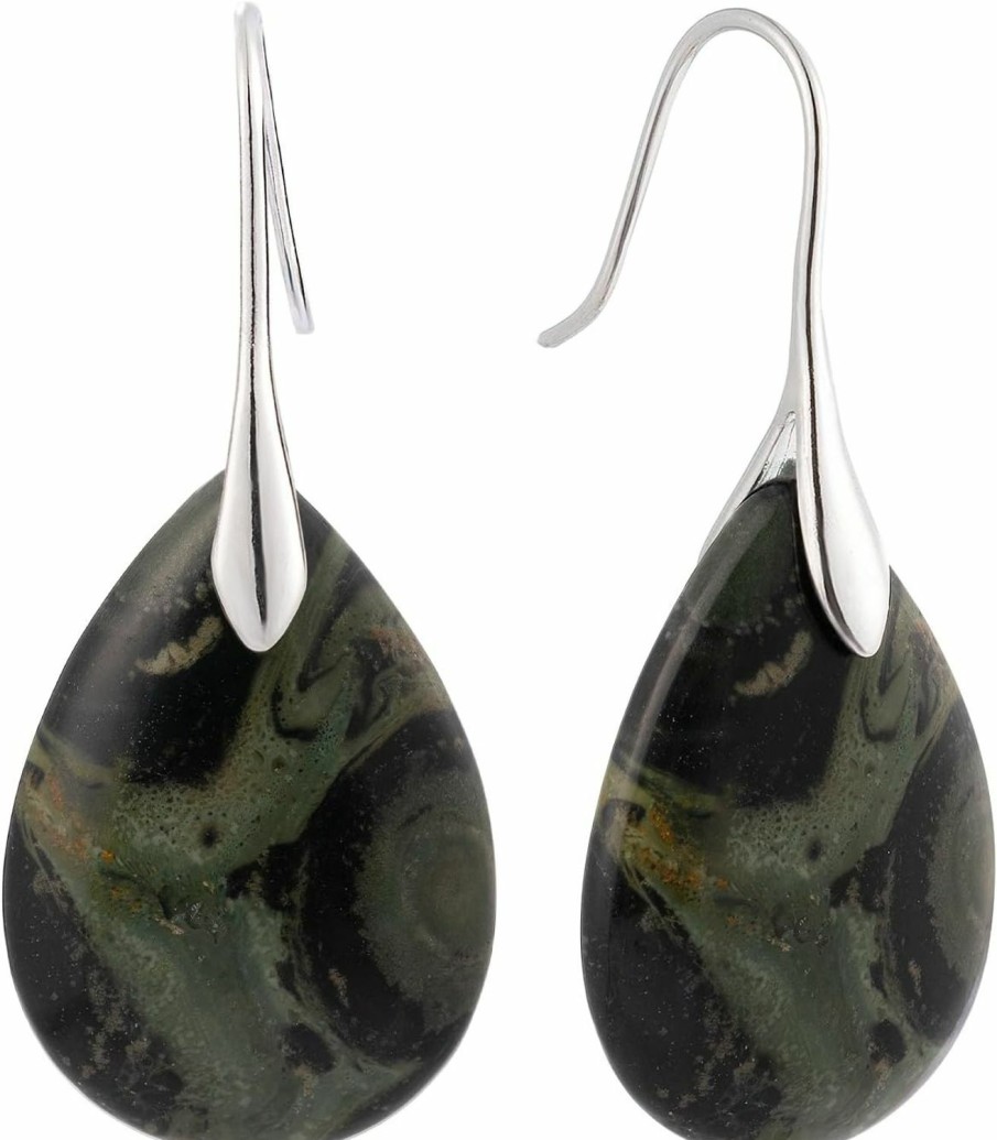 SELOVO Selovo Agate Teardrop Stone Grey Drop Earrings Fishhook Dangle Earrings Silver Tone | Earrings