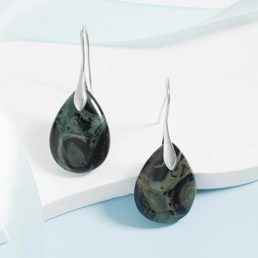 SELOVO Selovo Agate Teardrop Stone Grey Drop Earrings Fishhook Dangle Earrings Silver Tone | Earrings