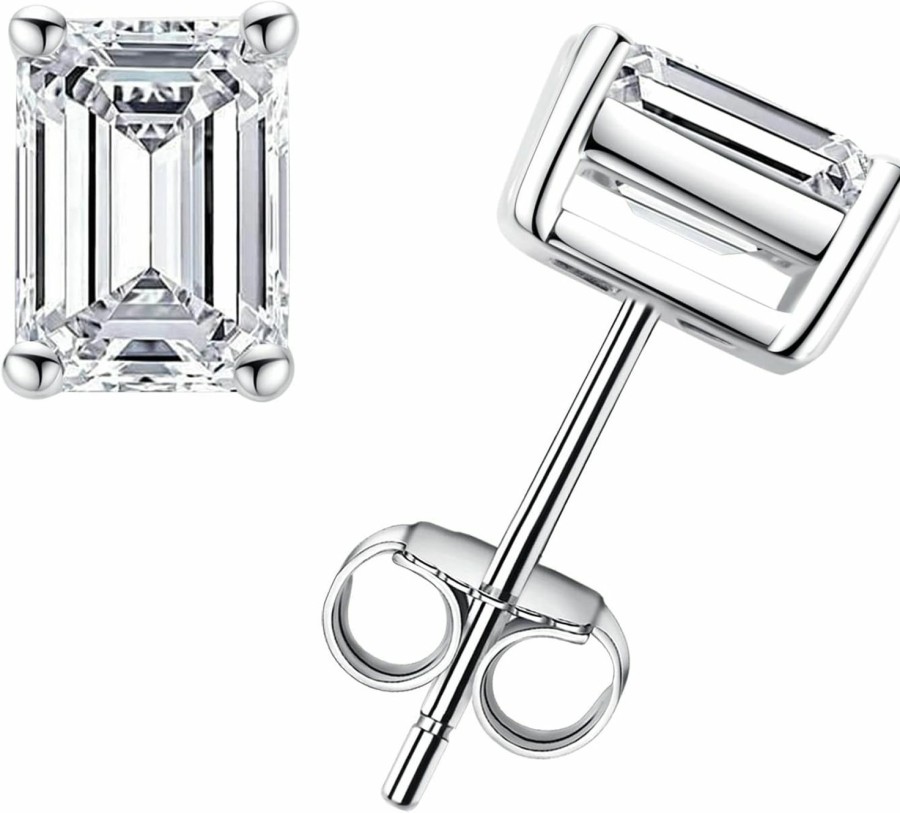 AnuClub 1-4Ct 10K Post Emerald Cut Moissanite Stud Earrings For Women, D Color Vvs1 Lab Created Diamond Earrings 14K White Gold Plated S925 Sterling Silver Earrings | Earrings