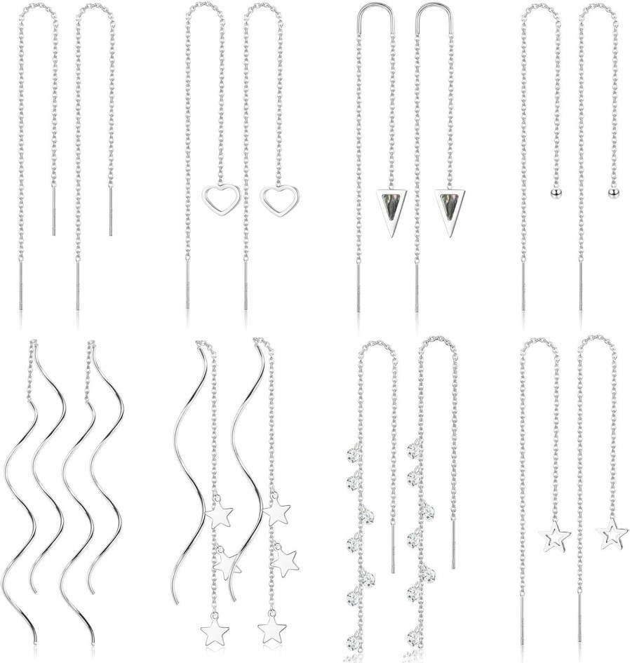 LOLIAS Lolias 8Pairs Threader Earrings Chain Earrings Tassel Earrings For Women Stainless Steel Double Twist Wave Drop Dangle Earrings With Rhinestones Lightweight Long Chain Earrings Set | Earrings