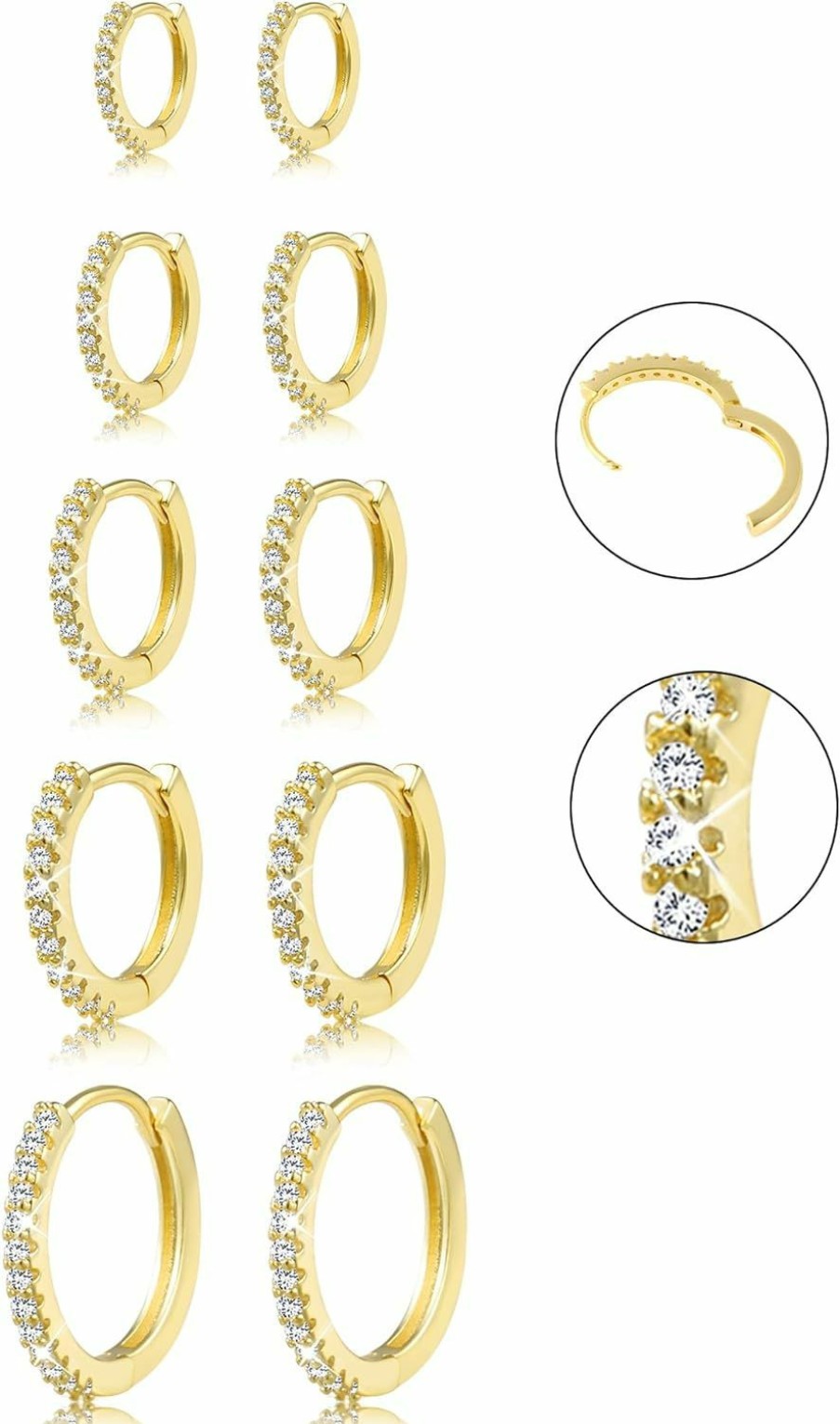 ALEXCRAFT 5 Pairs Small 14K Gold 925 Sterling Silver Hoop Earrings For Women Huggie Cartilage Earring Set Cute Mini Thin Tragus Hoops Multiple Piercings Aretes Earrings Sets For Women Trendy (8-10-12-14-16) Mm | Earrings