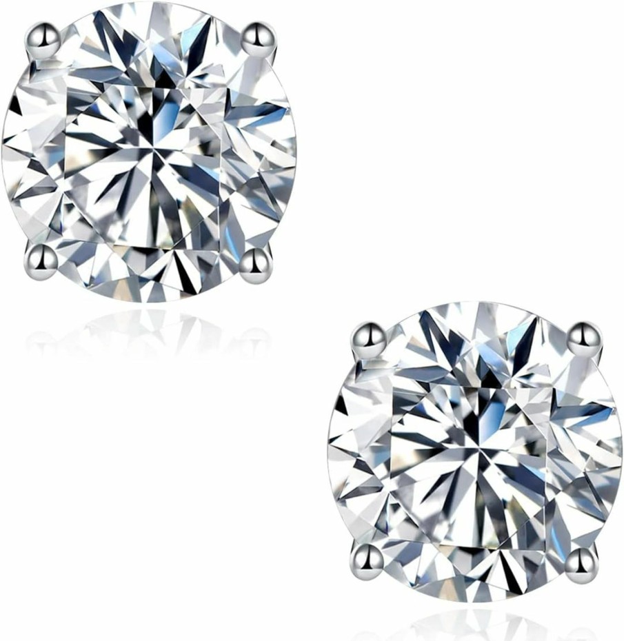 LANE WOODS Diamond Moissanite Stud Earrings Women: 0.6-4Ct Df Color Hypoallergenic 10Mls Real White Gold Plated 925 Sterling Silver Simulated Diamond Earrings For Girls Sensitive Ears Men Jewelry | Earrings