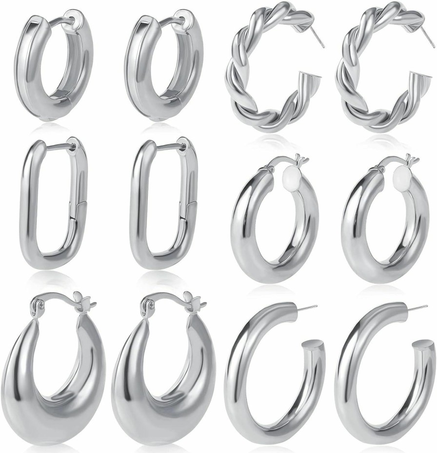 17KM 6 Pairs Chunky Gold Hoop Earrings Set For Women 14K Gold Plated Hypoallergenic Thick Open Huggie Hoop Set Jewelry For Gifts | Earrings