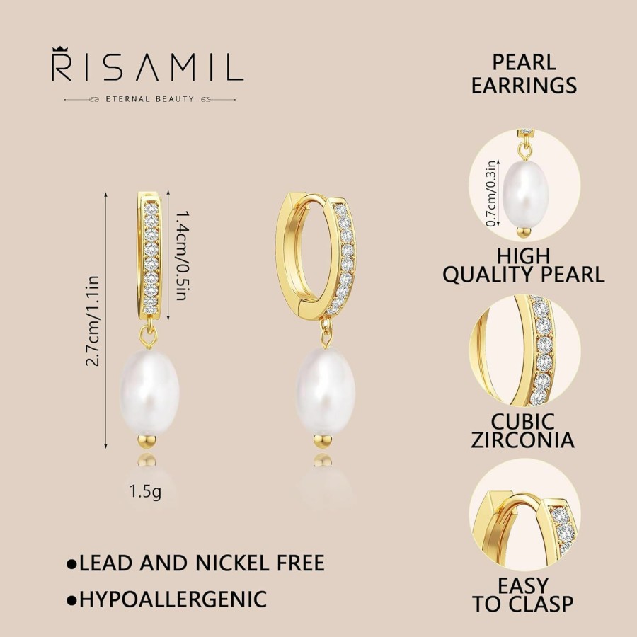 Risamil Risamil Pearl Hoop Earrings For Women - Gold Hoop Earrings Pearl Earrings For Women Trendy Jewelry Gifts 14K Gold Earrings With Pearl Huggie Earrings | Twisted Rope | Pearl Dangle | Zircon | Earrings