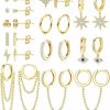 IRONBOX Ironbox 12Pairs 14K Gold Plated Huggie Hoop Studs Earrings Set For Women Small Dainty Minimalist Chain Earrings Cartilage Cz Ball Earrings Sets For Multiple Piercing | Earrings