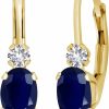 Gem Stone King Gem Stone King 14K Yellow Gold Blue Sapphire And White Created Sapphire Leverback Earrings For Women | 1.18 Cttw | Gemstone September Birthstone | Oval 6X4Mm, Round 2Mm | 3/4 Inch | Earrings