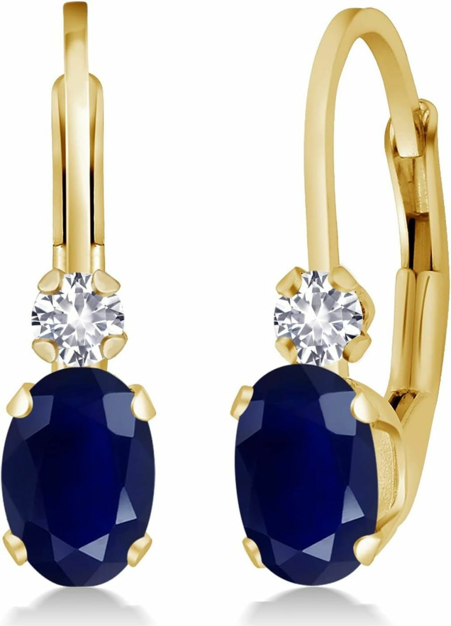 Gem Stone King Gem Stone King 14K Yellow Gold Blue Sapphire And White Created Sapphire Leverback Earrings For Women | 1.18 Cttw | Gemstone September Birthstone | Oval 6X4Mm, Round 2Mm | 3/4 Inch | Earrings