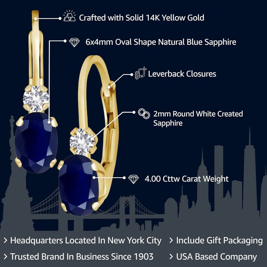 Gem Stone King Gem Stone King 14K Yellow Gold Blue Sapphire And White Created Sapphire Leverback Earrings For Women | 1.18 Cttw | Gemstone September Birthstone | Oval 6X4Mm, Round 2Mm | 3/4 Inch | Earrings