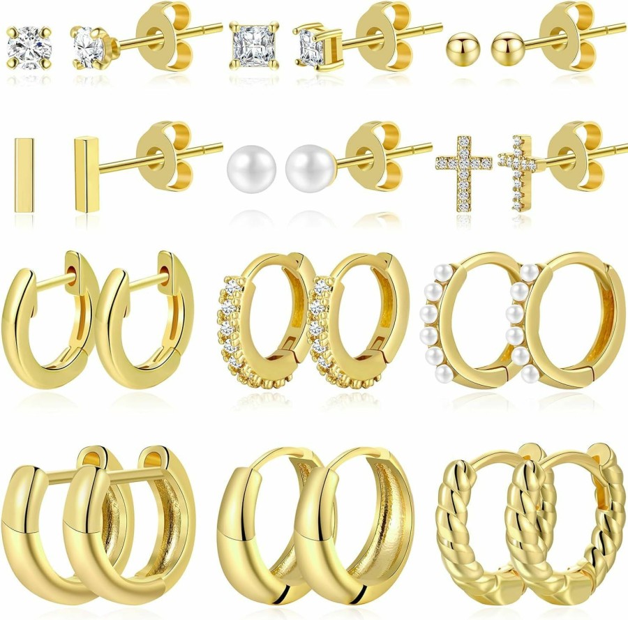 IF ME 12 Pairs Small Gold Huggie Hoop Earrings Set For Women, 14K Gold Plated Hypoallergenic Tiny Trendy Stud Cartilage Earrings Pack For Girls Jewelry Gifts | Earrings