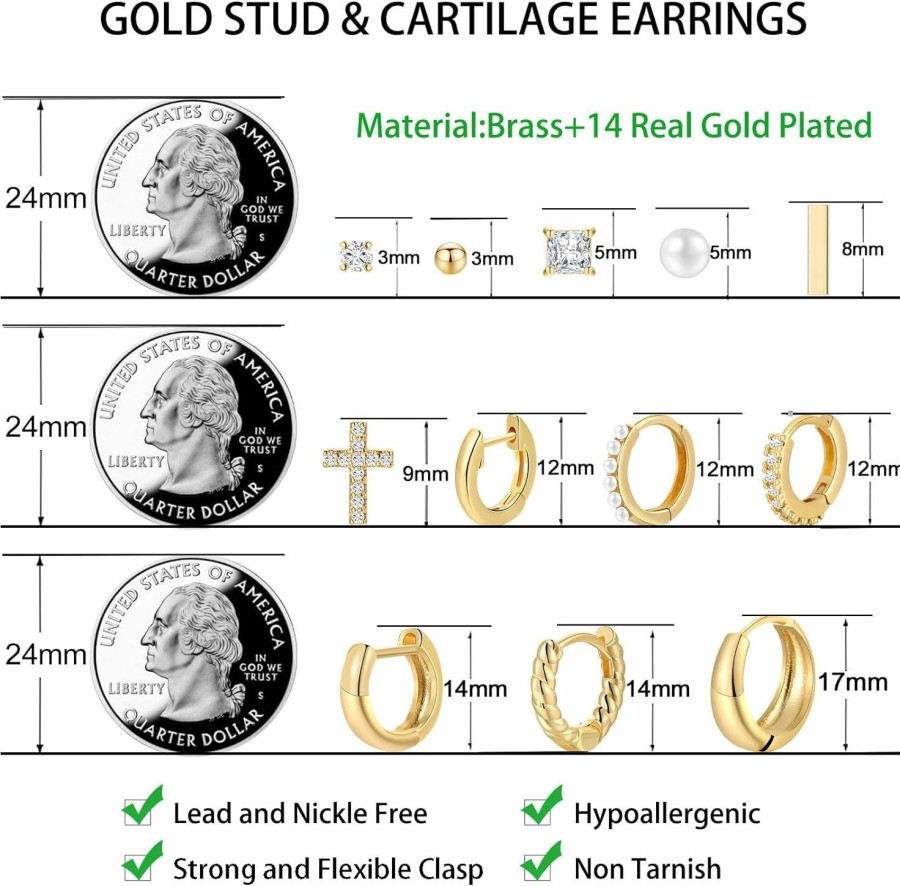 IF ME 12 Pairs Small Gold Huggie Hoop Earrings Set For Women, 14K Gold Plated Hypoallergenic Tiny Trendy Stud Cartilage Earrings Pack For Girls Jewelry Gifts | Earrings