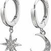 Dtja Cz Moon Star Dangle Small Hoop Earrings For Women Girls Sterling Silver With Charms Crystal Asymmetrical Snowflake Crescent Drop Mini Cartilage Clip Jewelry Delicate Fashion Birthday Gifts Best Friend | Earrings