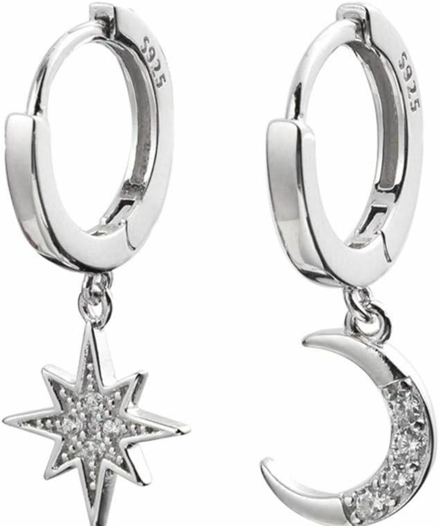 Dtja Cz Moon Star Dangle Small Hoop Earrings For Women Girls Sterling Silver With Charms Crystal Asymmetrical Snowflake Crescent Drop Mini Cartilage Clip Jewelry Delicate Fashion Birthday Gifts Best Friend | Earrings