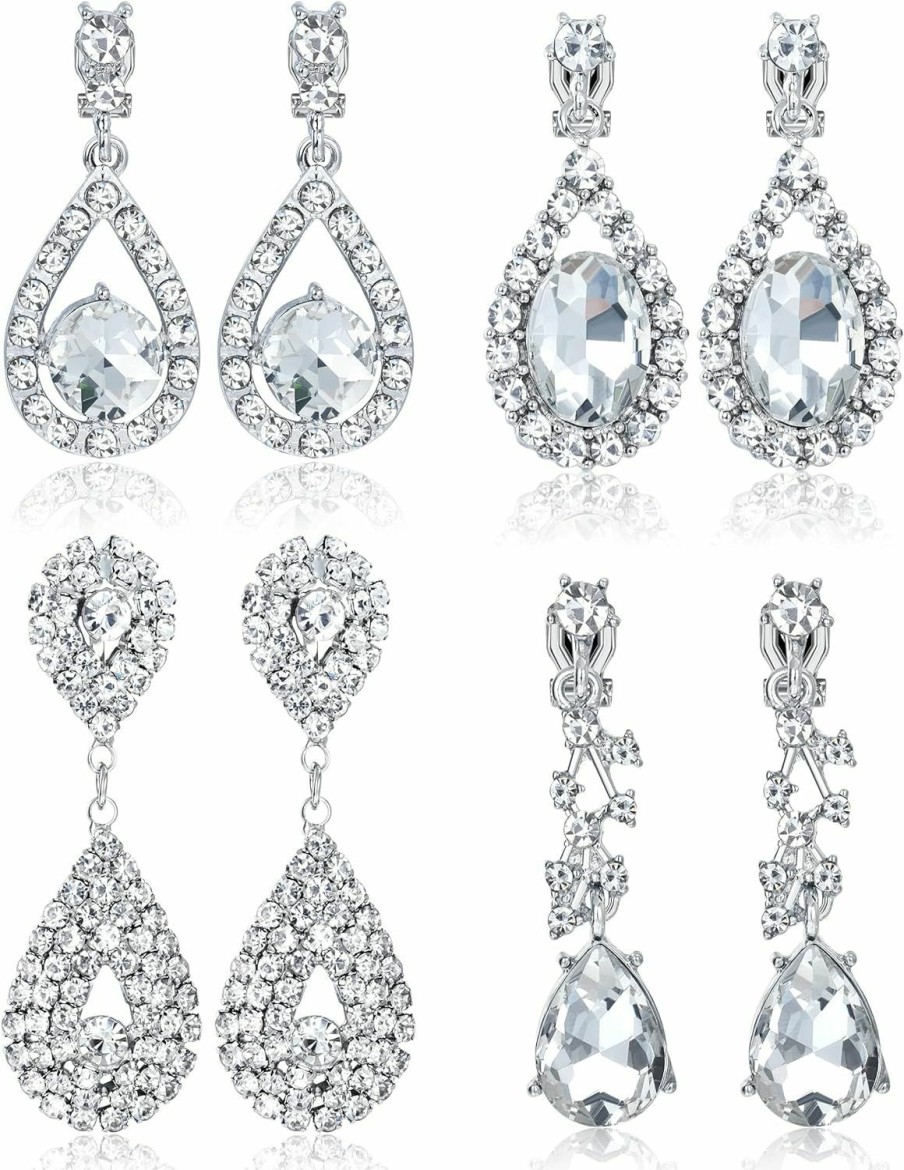 THUNARAZ Thunaraz 4 Pairs Clip On Earrings For Women Crystal Teardrop Wedding Earrings Clip On Rhinestone Formal Chandelier Dangle Earrings For Brides Bridesmaids Stylish Non Pierced Jewelry | Earrings