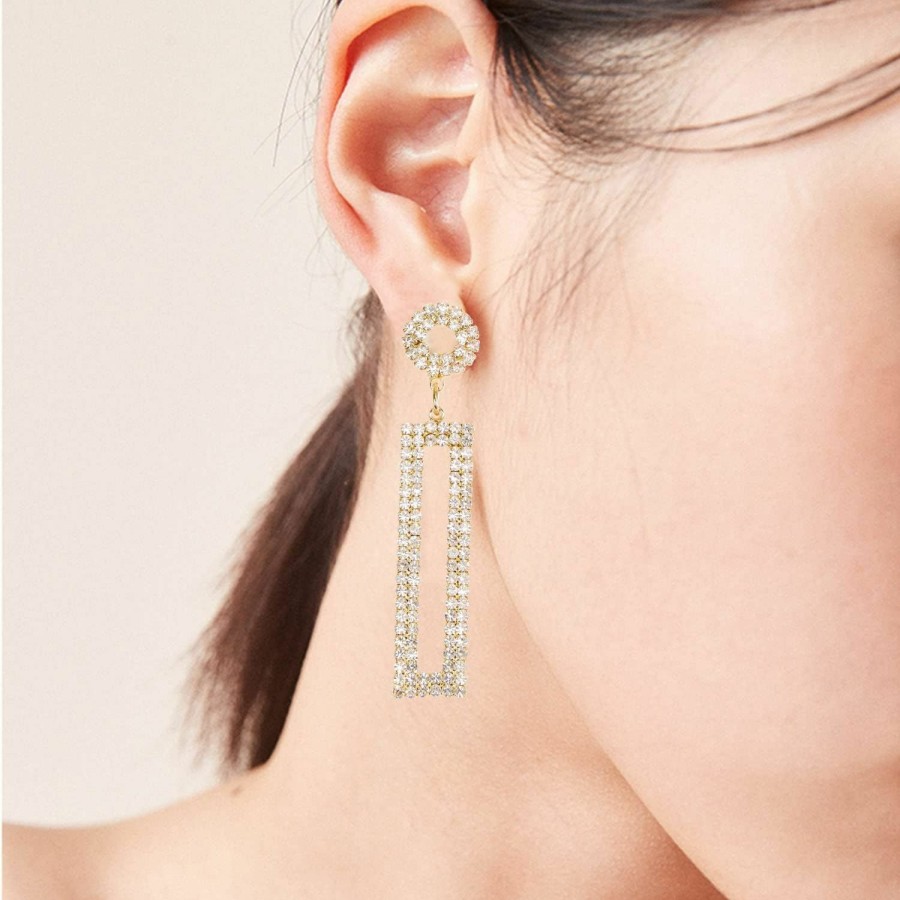 Legitta Legitta Rhinestone Long Drop Earrings Statement Rectangle Dangle With Circle Studs Fashion Jewelry | Earrings