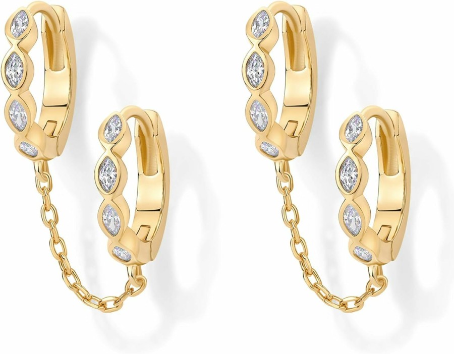 PAVOI Pavoi 14K Gold Chain Earrings For Women | Double Piercing Dangle Chain Huggie Hoop Earrings | Cubic Zirconia Pearl Stud Ear Cuff Earrings For Women | Earrings