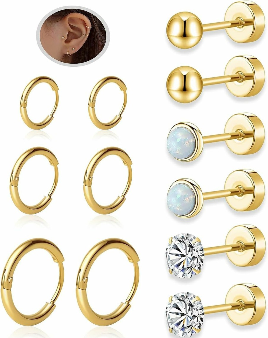 AMASIS 6 Pairs Earrings Hoops And Earrings Studs Sets For Multiple Piercing For Women Men Girls,Lightweight 14K Gold Plated Small Huggie Hoop Earrings Flat Back Tiny Ball/Opal/Cubic Zirconia Stud Earrings For Cartilage, Helix, Lobe,Hypoallergenic | Earrings