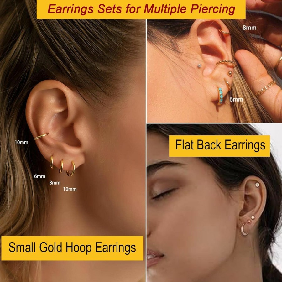 AMASIS 6 Pairs Earrings Hoops And Earrings Studs Sets For Multiple Piercing For Women Men Girls,Lightweight 14K Gold Plated Small Huggie Hoop Earrings Flat Back Tiny Ball/Opal/Cubic Zirconia Stud Earrings For Cartilage, Helix, Lobe,Hypoallergenic | Earrings