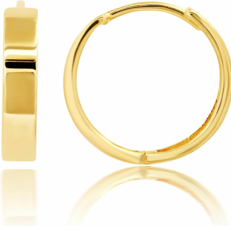 MAX + STONE 14K Solid Yellow Gold Domed Or Flat Style Small Huggie Hoop Earrings With Hidden Post Hinge Closure In Various Sizes By Max + Stone | Earrings